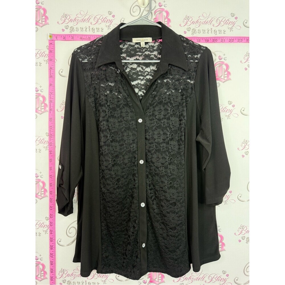 Emma and Olive shirt Black Lace Front Button-Down Blouse